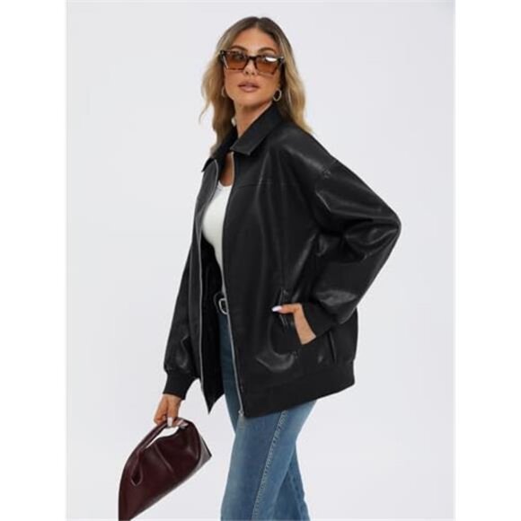 Womens Oversized Faux Leather Jacket Zip Up Moto Bomber Coat - Picture 4 of 5